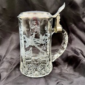 Germany Etched Glass Beer Stein Tankard with Pheasant & Rabbits Pewter Lid - Vtg
